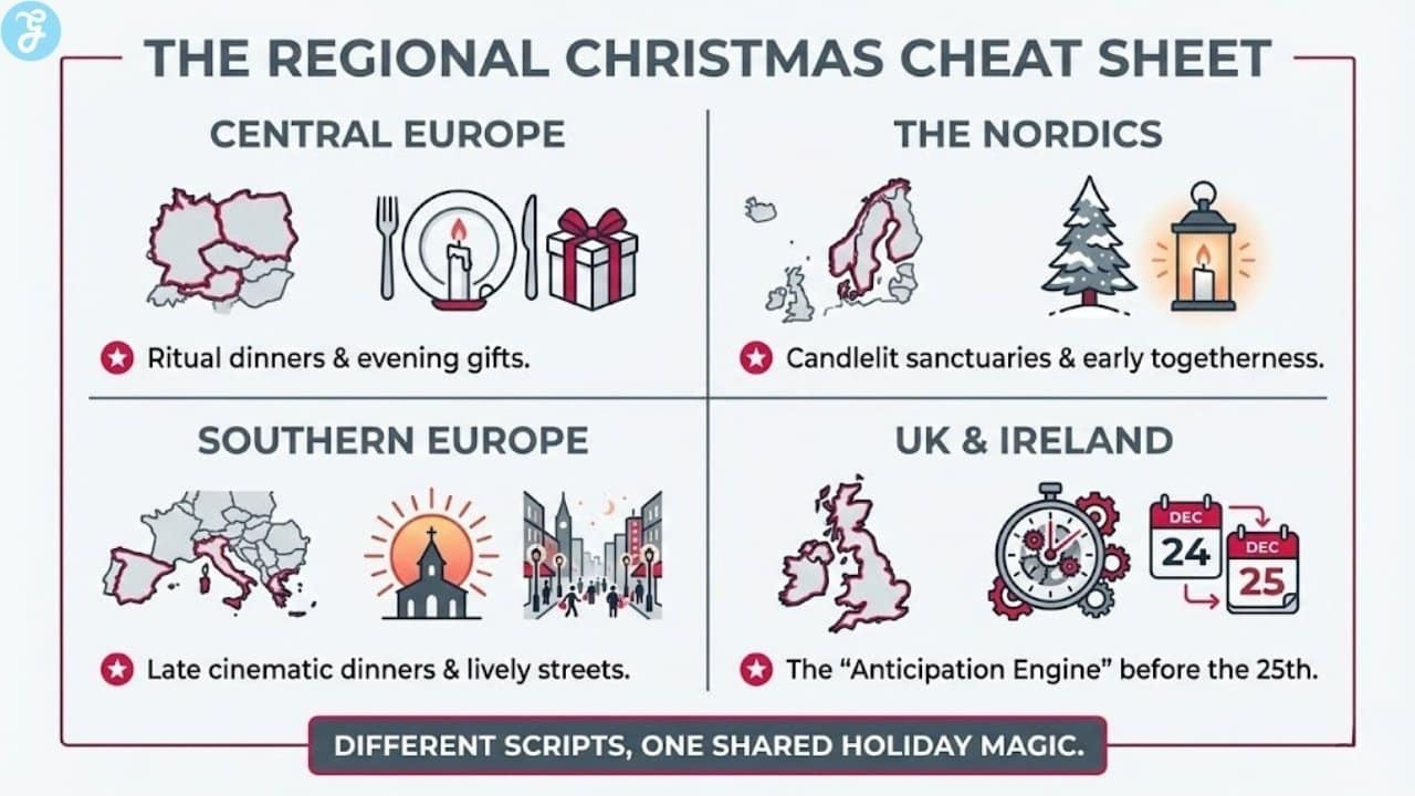 A 4-section grid infographic comparing how different European regions (Central, Nordic, Southern, UK) balance Christmas Eve vs. Christmas Day.