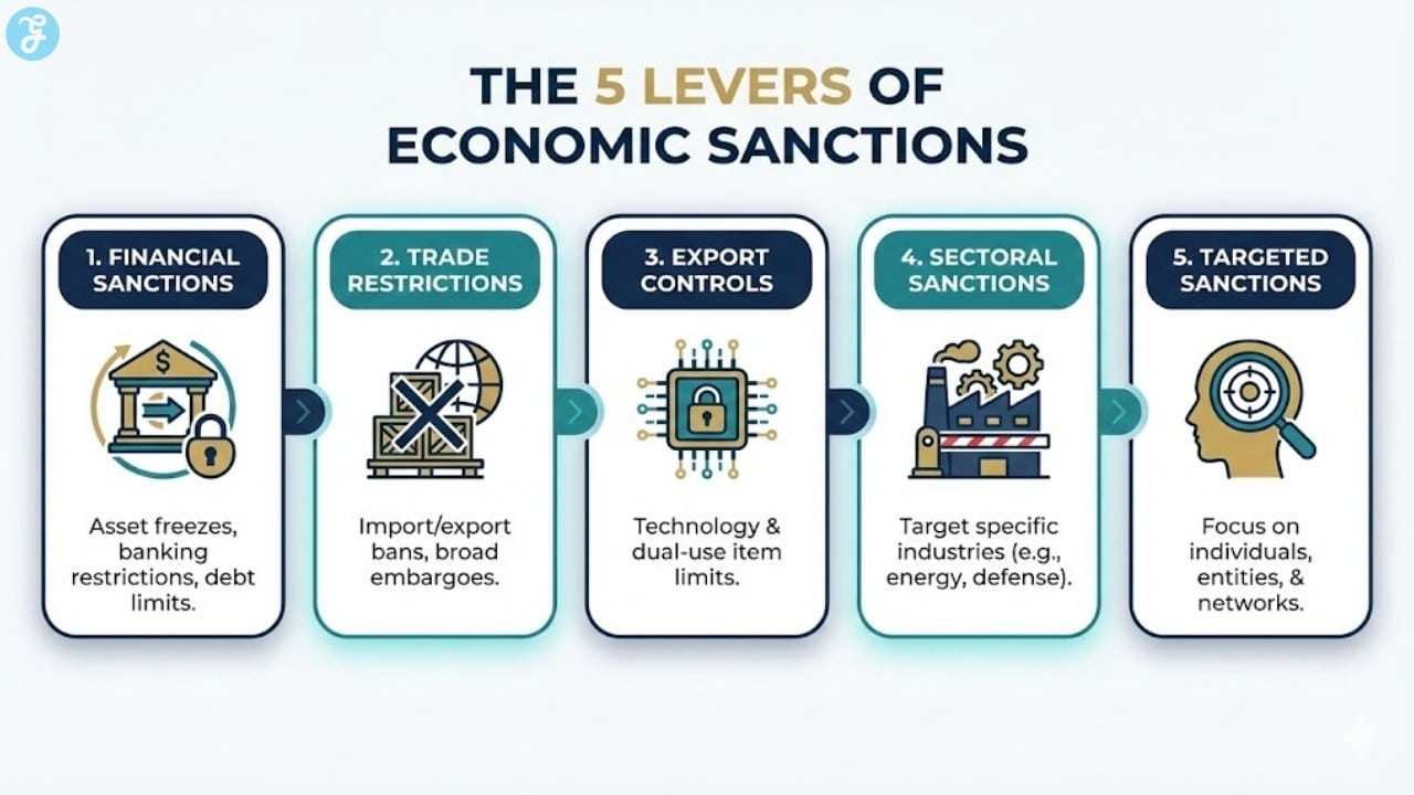 A clean infographic breaking down the five types of economic sanctions: Financial, Trade, Export Controls, Sectoral, and Targeted, using professional icons and a consistent 3-color palette.
