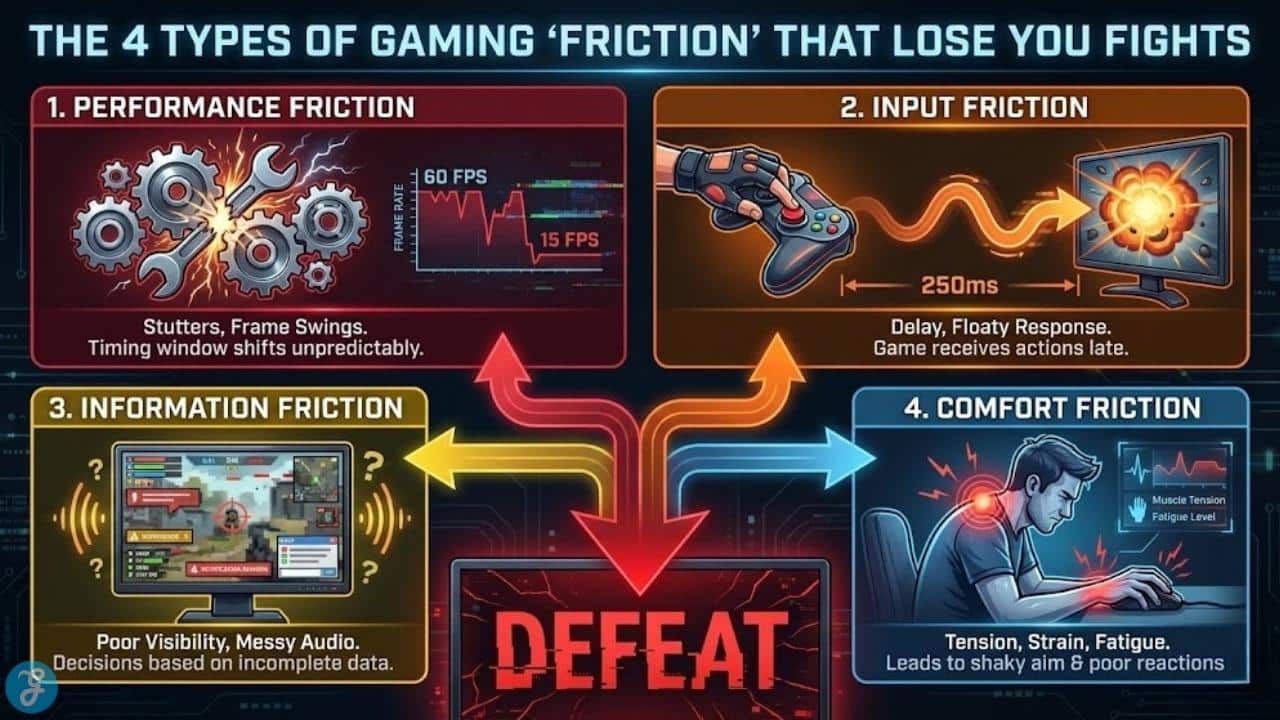 Infographic showing 4 types of gaming friction: performance, input, information, and comfort.