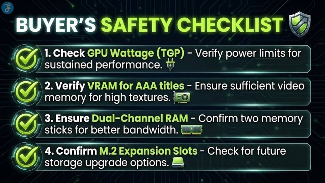 A scannable 1280x720 checklist infographic for gaming laptop buyers, highlighting critical checks for GPU wattage (TGP), VRAM capacity, dual-channel RAM, and internal cooling efficiency.