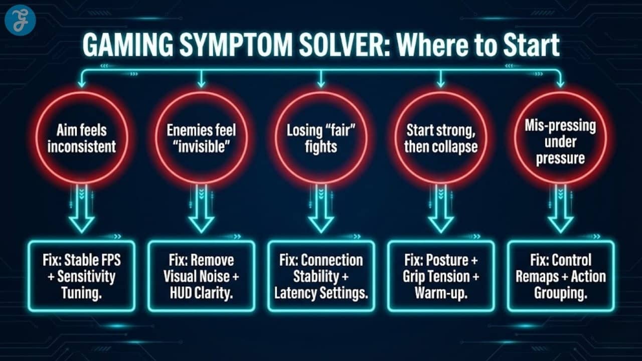 A dark-themed flowchart infographic titled "Gaming Symptom Solver" connecting specific gameplay issues to their immediate fixes. It visualizes five paths: "Inconsistent aim" connects to FPS stability and sensitivity; "Invisible enemies" connects to visual noise removal; "Losing fair fights" connects to connection stability; "Performance collapse" connects to posture and warm-up; and "Mis-pressing inputs" connects to control remapping.