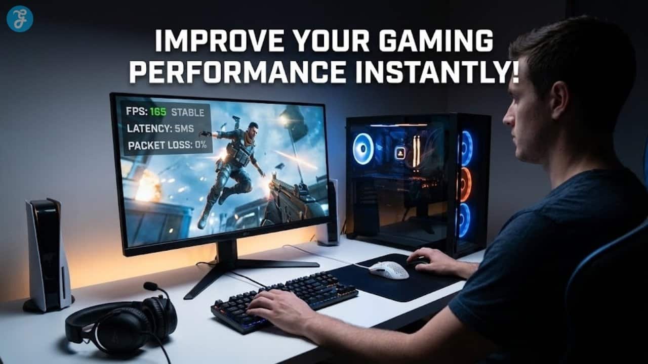 High-performance gaming setup with clear monitor display and low-latency peripherals. n Improve Your Gaming Performance Instantly