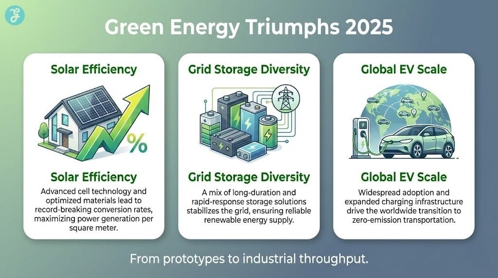 An infographic titled "Green Energy Triumphs 2025" highlighting three pillars: Solar Efficiency, Grid Storage, and EV Scale, visualized with modern flat illustrations and upward trending data lines.