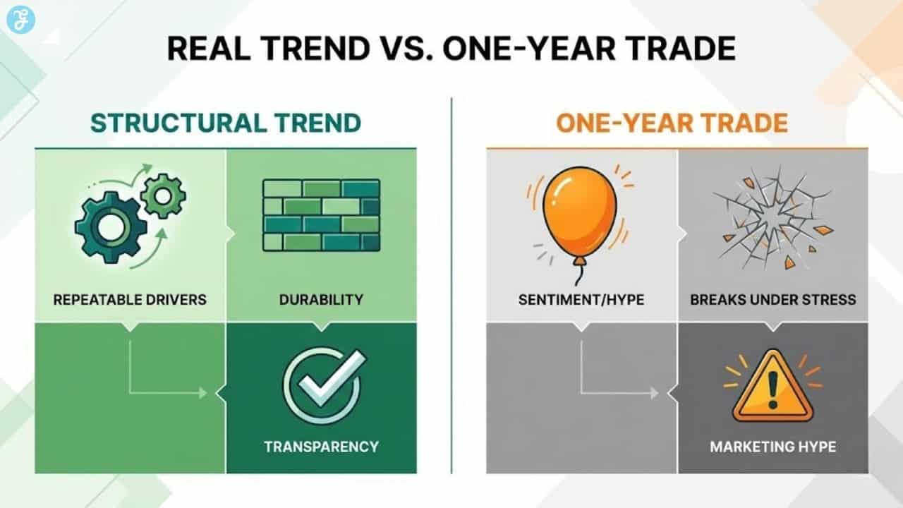 A comparison infographic distinguishing between 'Structural Trends' and 'One-Year Trades' using icons for durability, incentives, and transparency.