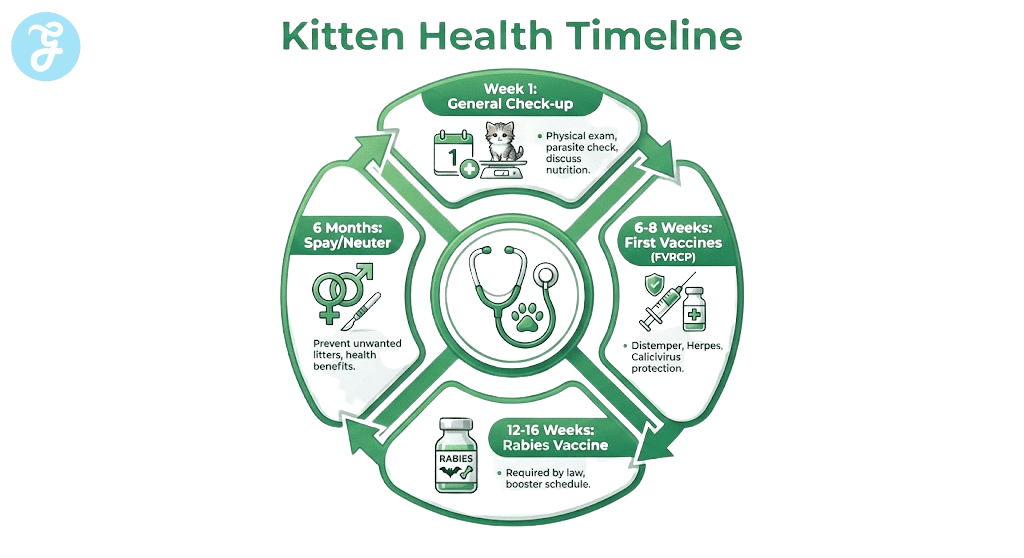 An infographic outlining the kitten veterinary care schedule, including check-ups, vaccines, and spaying/neutering timelines.