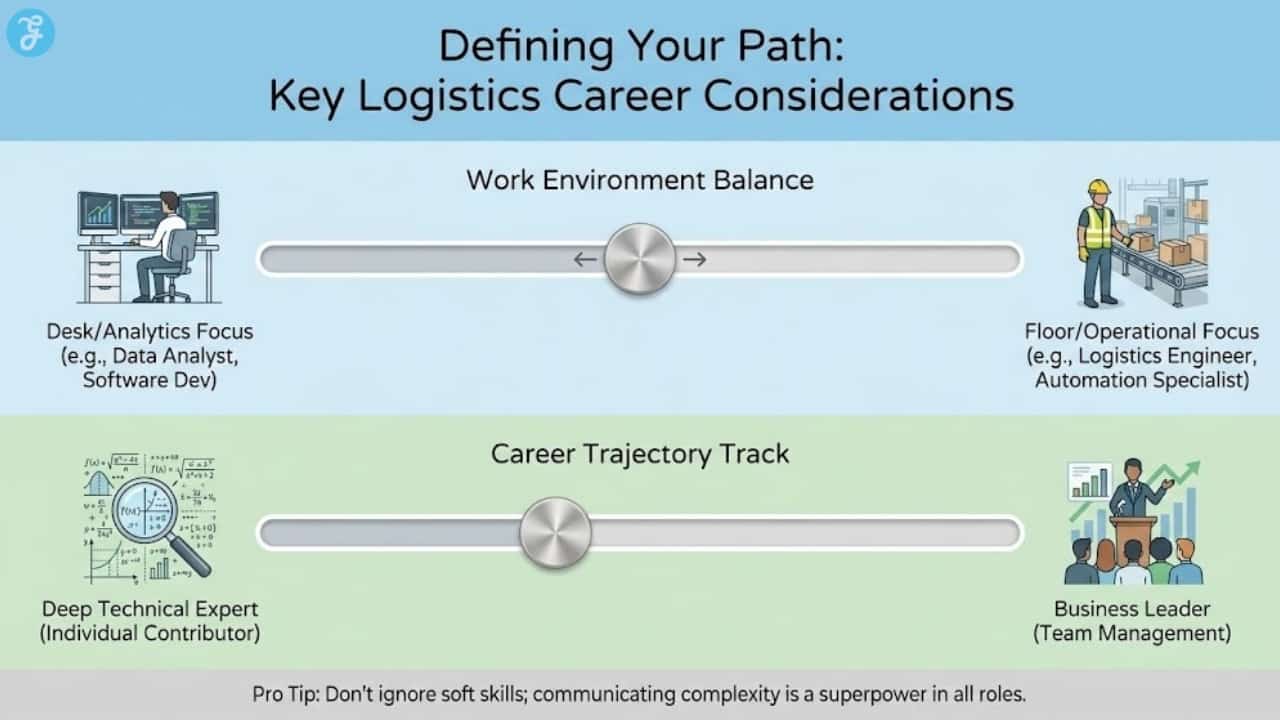 Infographic illustrating key considerations for logistics careers, featuring sliding scales comparing Desk/Analytics focus versus Floor/Operational focus, and Technical Expert tracks versus Managerial Leader tracks.