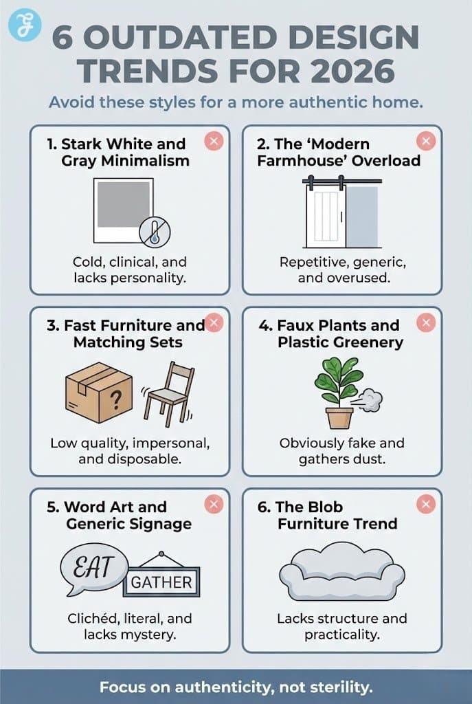 Infographic listing 6 outdated interior design trends including modern farmhouse, fast furniture, and word art.