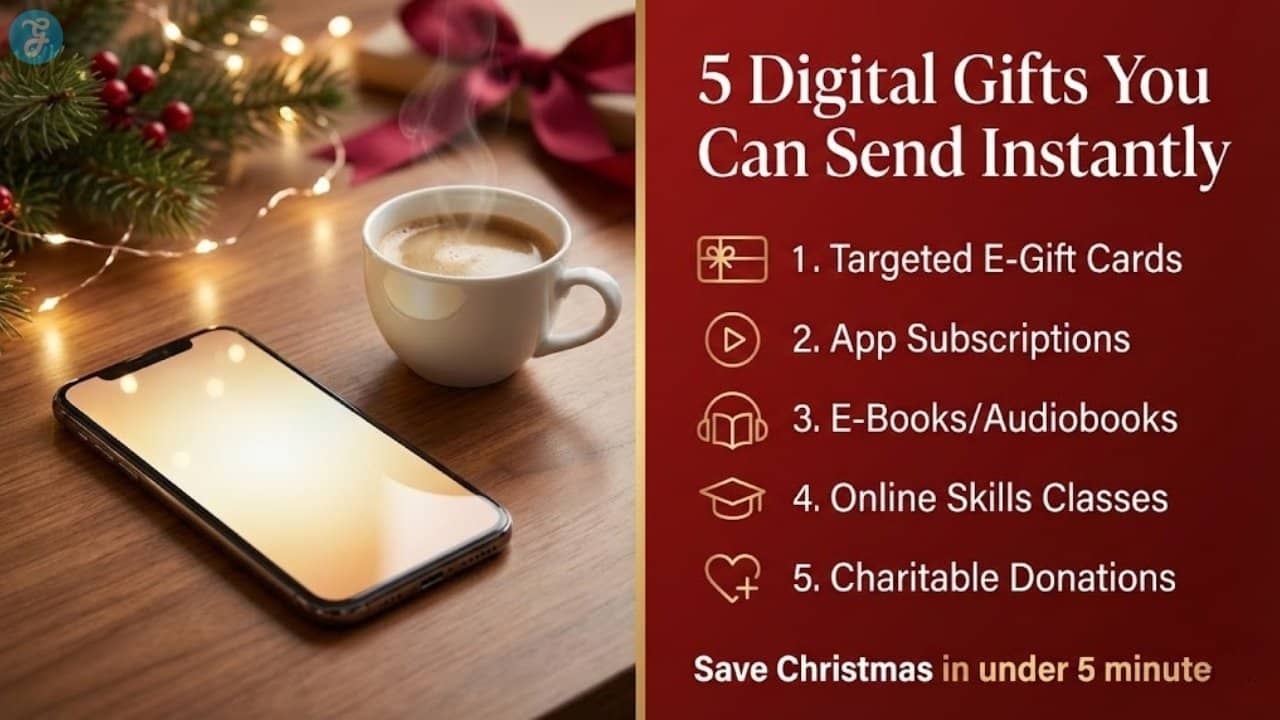 A high-end featured image showcasing five digital gift ideas for Christmas Eve, featuring a smartphone on a festive desk.