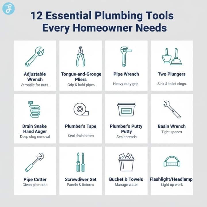 Infographic categorizing essential plumbing tools into Turning, Unclogging, Sealing, and Access, with icons for wrenches, plungers, and tape.