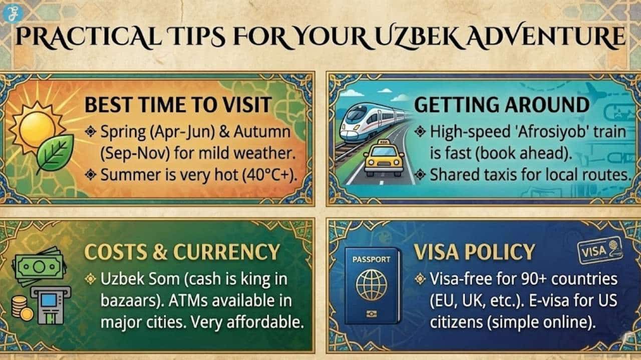 Infographic with practical advice for traveling to Uzbekistan, covering the best time to visit, transport options like the Afrosiyob train, currency information, and visa policies.