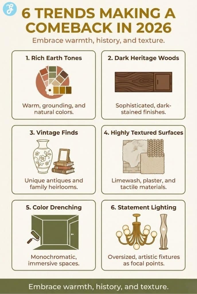Infographic displaying 6 rising interior design trends for 2026 such as earth tones, dark woods, and statement lighting.