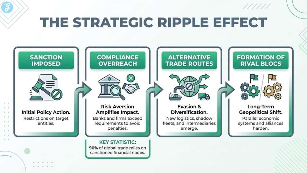A professional flowchart showing how sanctions lead to strategic trade-offs, including financial isolation, technology bottlenecks, and the formation of rival economic blocs.