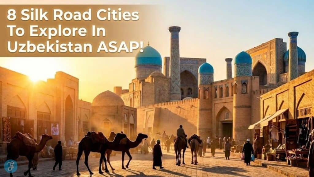 A stunning landscape view of the Registan Square in Samarkand, Uzbekistan, showcasing intricate blue tilework and towering madrasas under a golden sunset. Silk Road Cities To Explore In Uzbekistan featured image