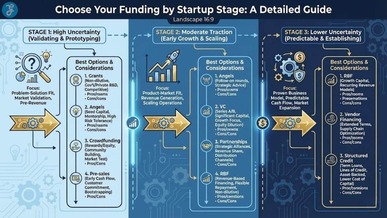 Flowchart titled "Choose Your Funding by Startup Stage," illustrating funding options progression from Stage 1 (High Uncertainty) to Stage 3 (Lower Uncertainty).