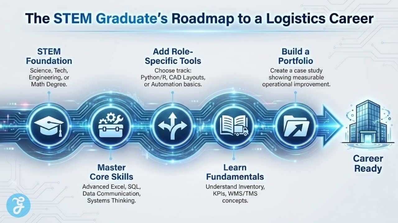 A timeline infographic illustrating the steps for a STEM graduate to prepare for a logistics career, including mastering core skills like SQL, learning industry fundamentals, and building a project portfolio.