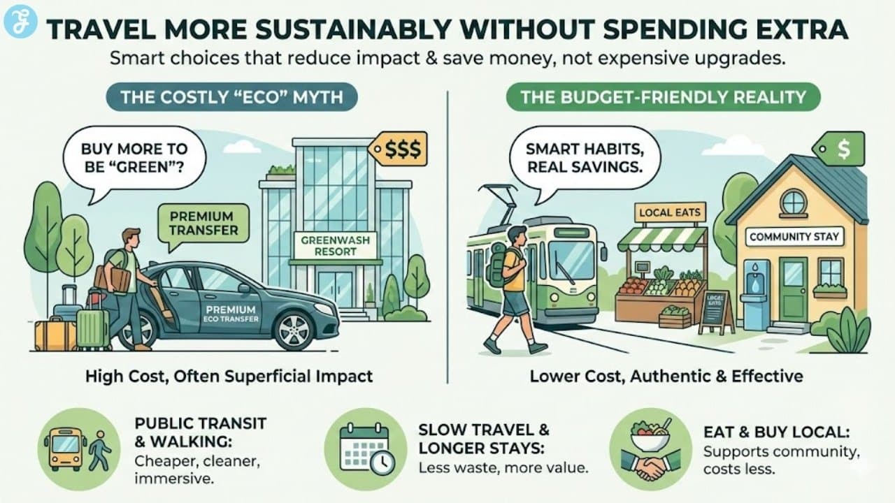 A professional 1280x720 infographic titled "Travel More Sustainably Without Spending Extra" comparing the costly "Eco" myth of luxury resorts and premium transfers against the budget-friendly reality of public transit, community stays, and local food.