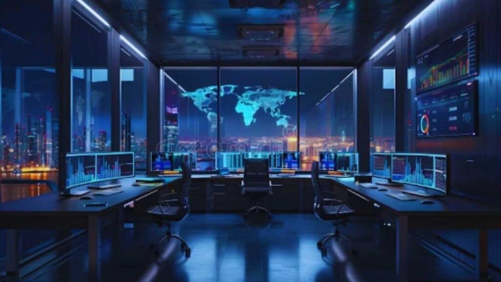 Modern Office with a night view of a futuristic city with data displays showing banking oversight