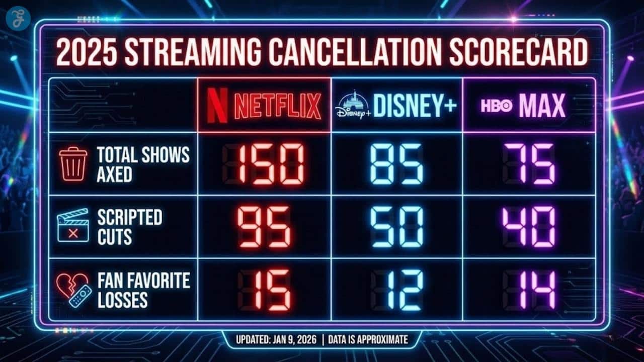 Scorecard infographic comparing 2025 cancellation statistics for Netflix, Disney+, and Max, highlighting total cuts versus fan-favorite losses