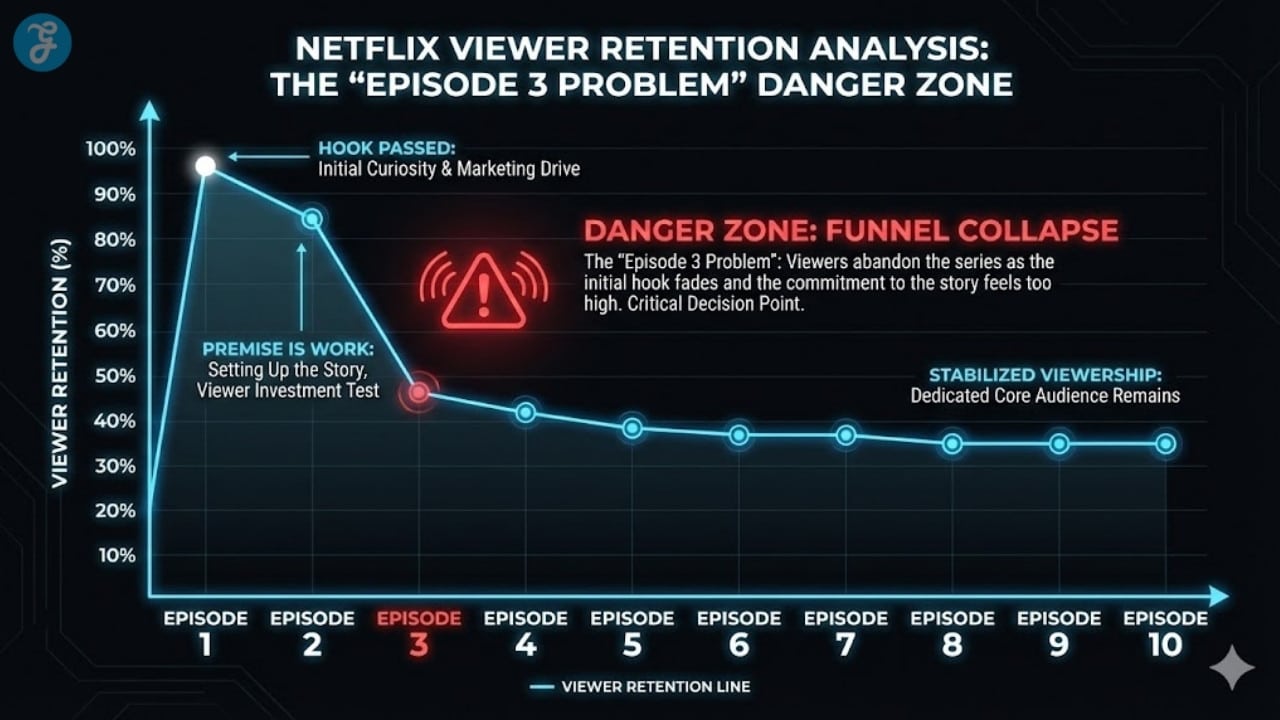 Line graph illustrating the "Episode 3 Problem" where Netflix shows often lose viewers after the initial hook fades.