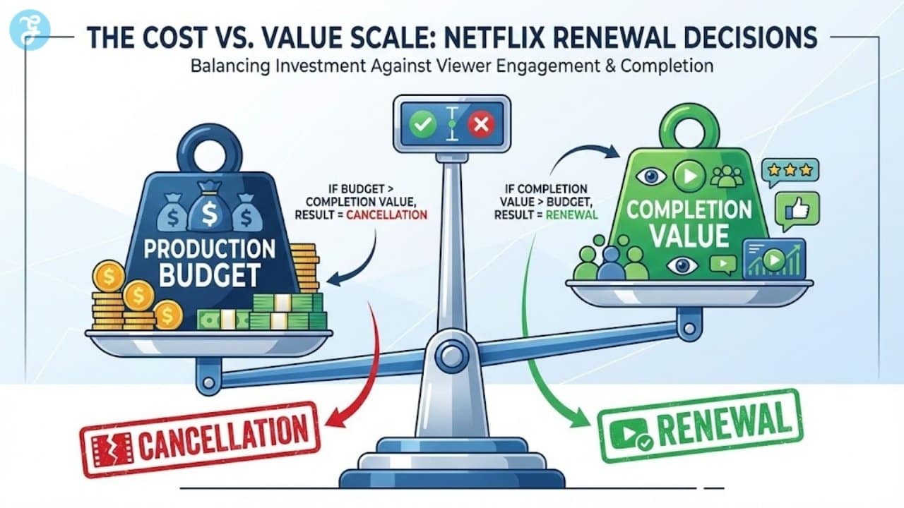 Infographic illustration of a balance scale weighing production budget against viewer completion value to determine show renewal.