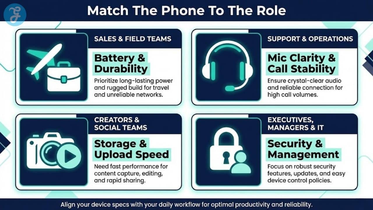 Comparison chart matching remote job roles like sales, support, and executives to specific smartphone requirements such as battery life, call quality, and security.