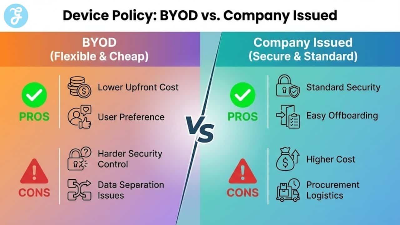 Split-screen infographic comparing the pros and cons of Bring Your Own Device (BYOD) versus company-issued smartphones for remote teams.