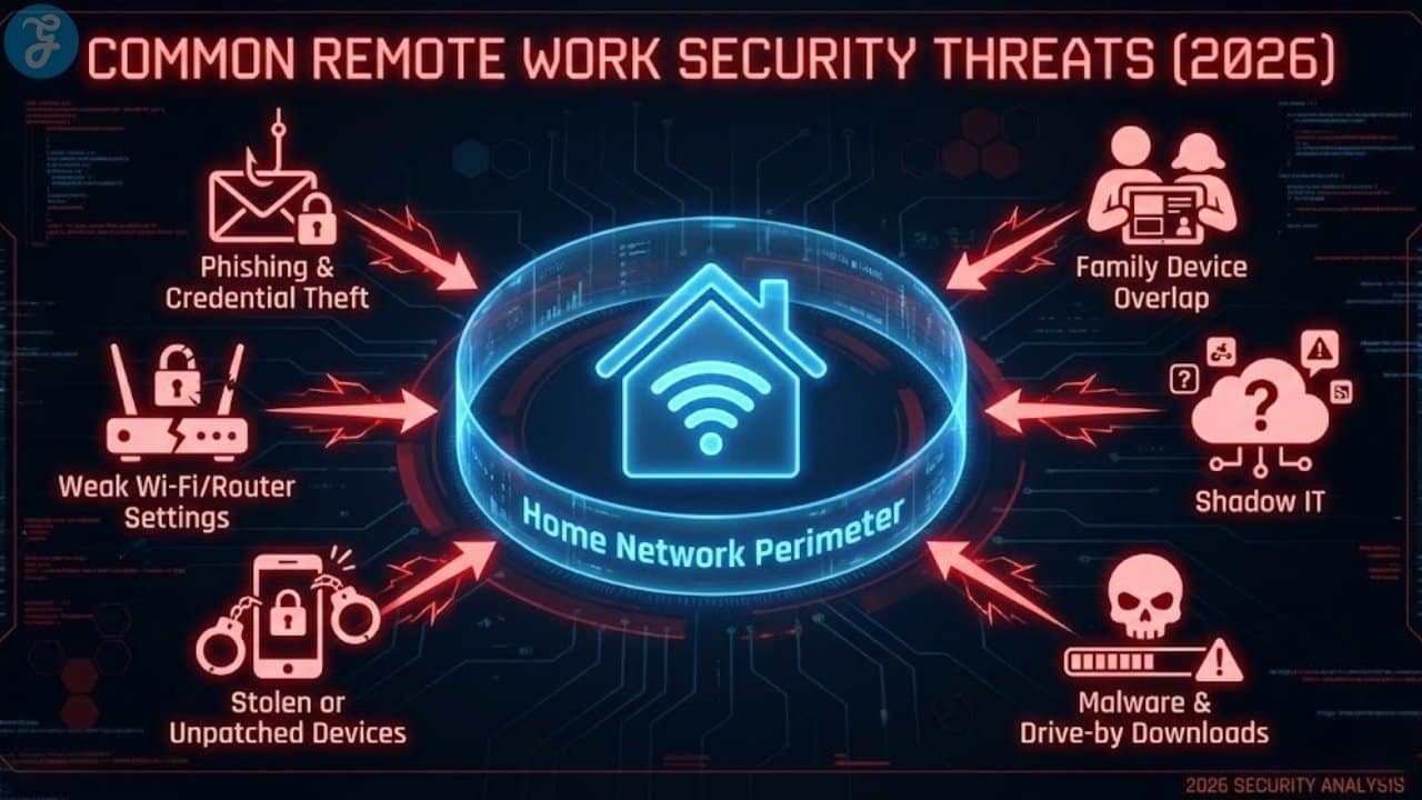 Infographic displaying common 2026 home office threats including phishing, weak Wi-Fi, shadow IT, and device overlap.