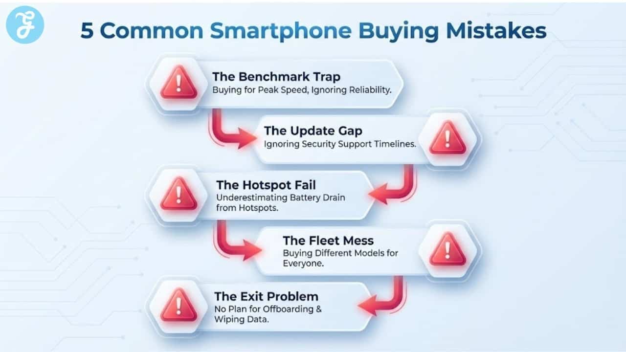 visual list of common errors when buying smartphones for business, including ignoring security support timelines and underestimating hotspot battery drain.