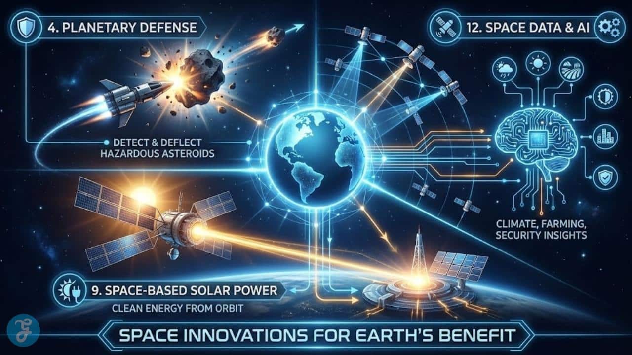 Diagram highlighting Earth-focused space tech: asteroid deflection, space-based solar power, and satellite AI for climate data.