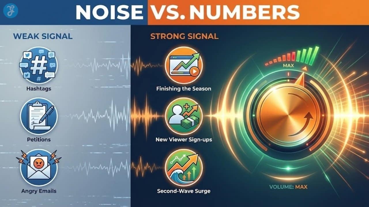 Infographic comparing ineffective fan actions like petitions against effective metrics like season completion and new subscriber sign-ups