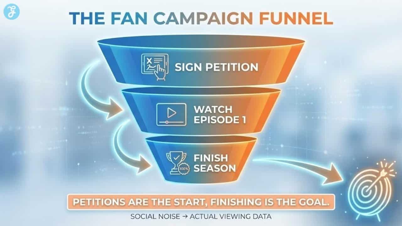 Funnel infographic showing how effective fan campaigns move supporters from signing petitions to actually finishing the season on Netflix.