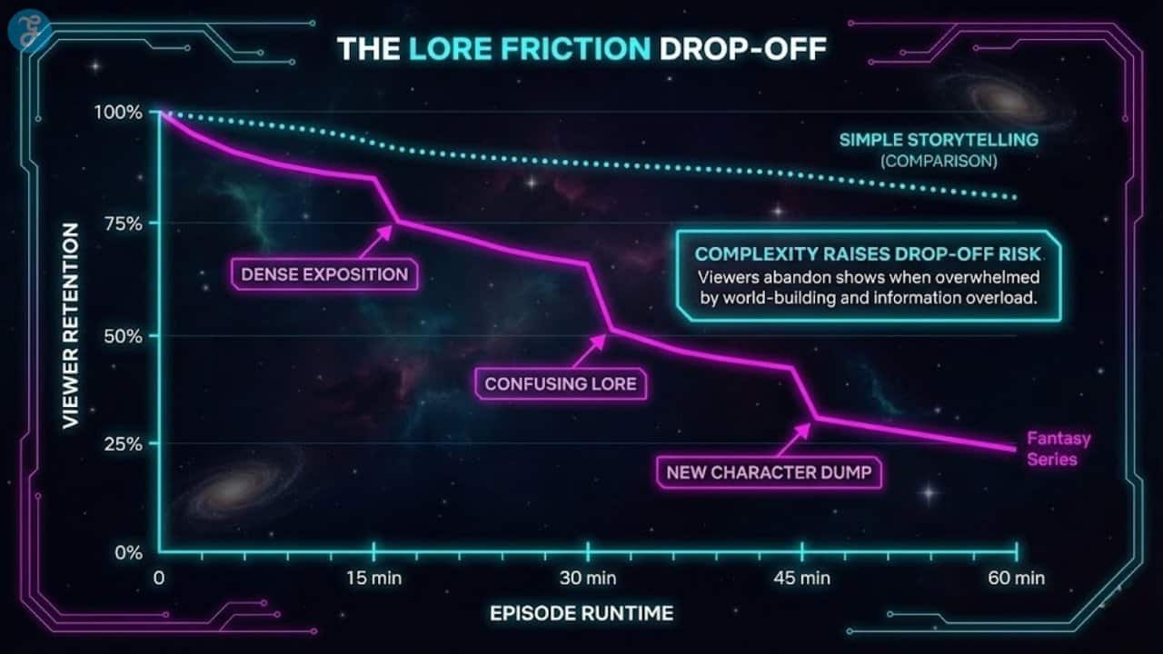 Line graph showing how complex lore and dense exposition in fantasy shows cause sharper viewer drop-off rates compared to simpler stories.