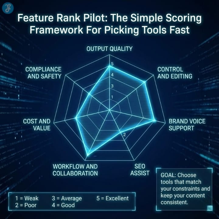 A futuristic radar chart infographic titled "Feature Rank Pilot," illustrating a scoring framework for evaluating AI tools based on criteria like output quality, control, and brand voice support on a scale of 1 to 5.