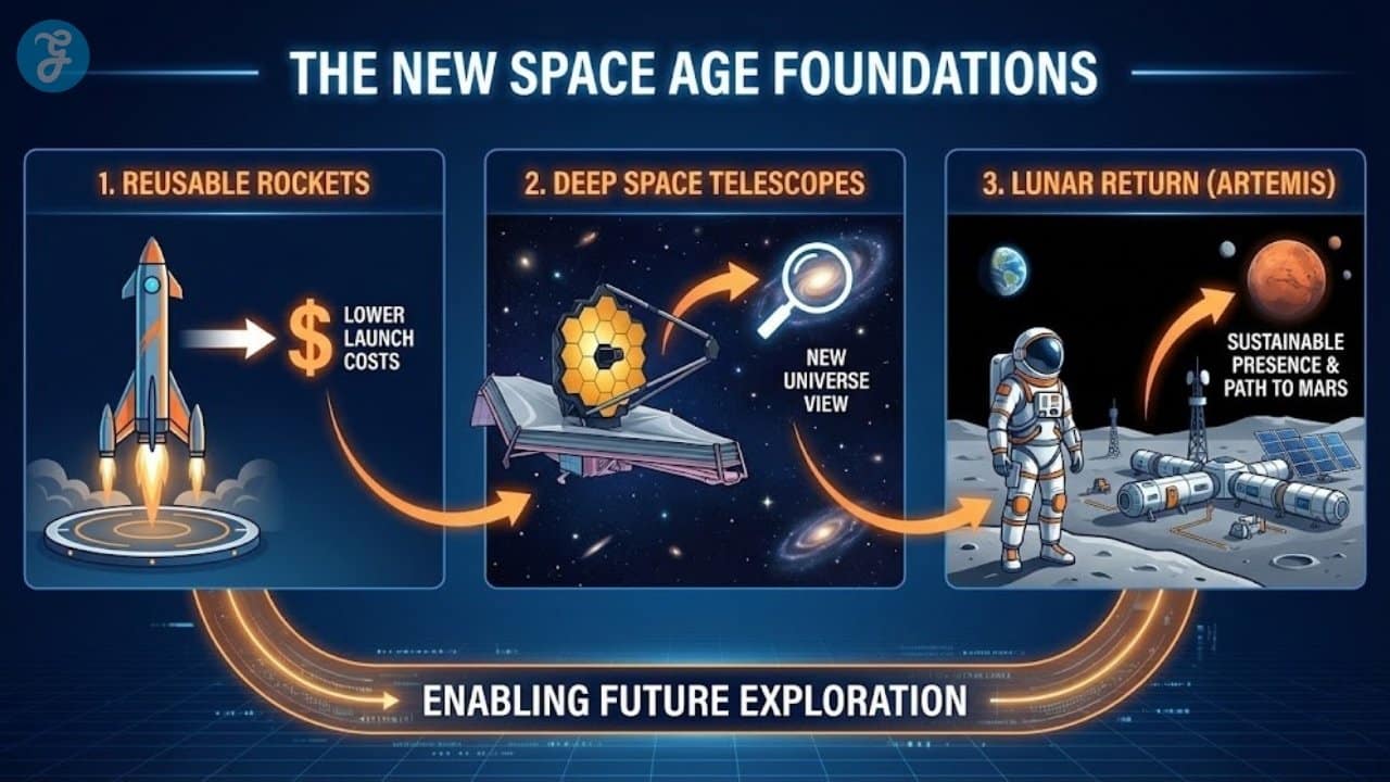 Digital illustration displaying 12 key space science innovations, including reusable rockets and lunar bases, orbiting a glowing Earth.