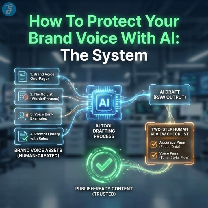 A flowchart infographic detailing a system to protect brand voice when using AI, showing human-created voice assets feeding into an AI drafting process, followed by a mandatory two-step human review checklist before publishing.