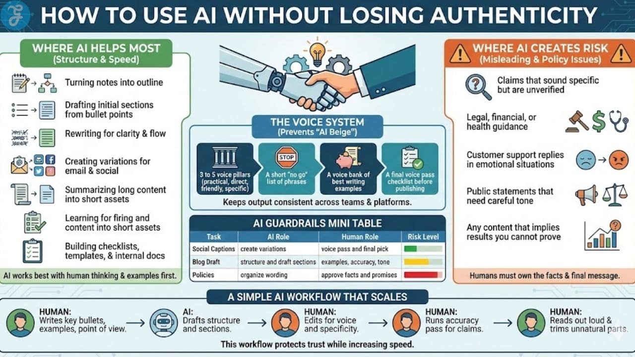 Scalable human-AI content workflow chart demonstrating guardrails for authenticity and speed.