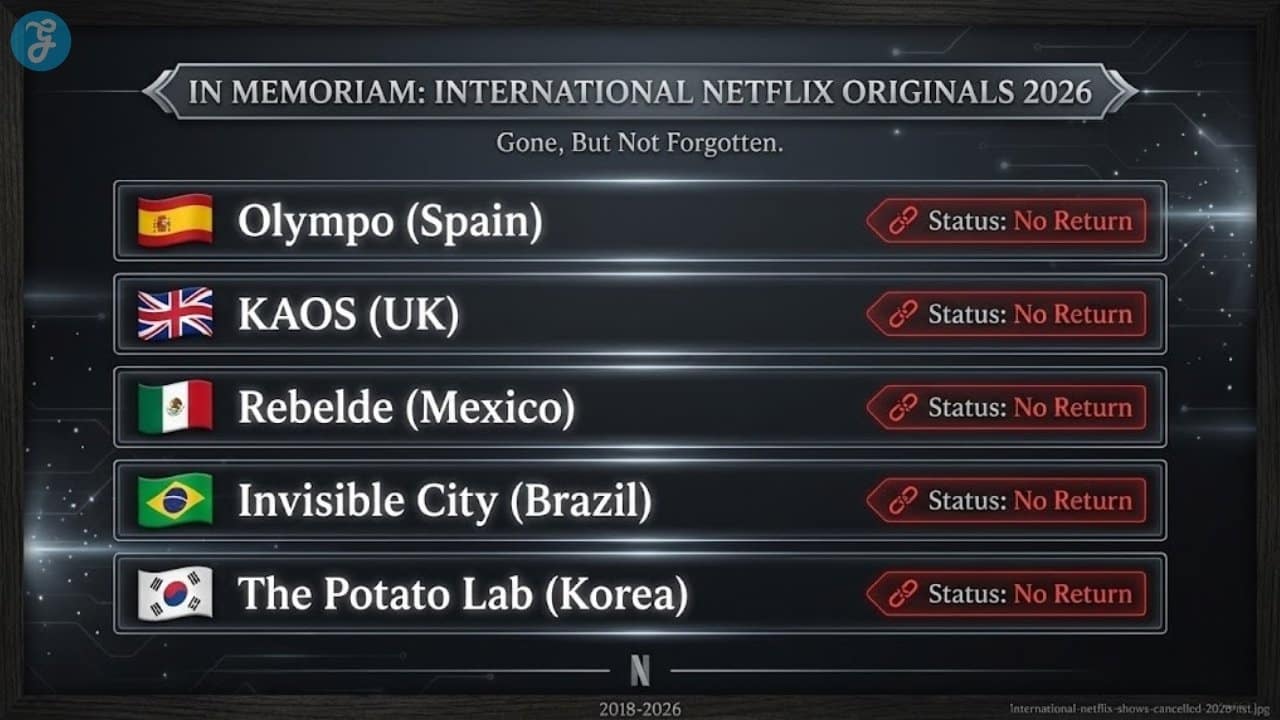 List infographic of major international Netflix shows confirmed not to return in 2026, including KAOS, Rebelde, and Olympo.