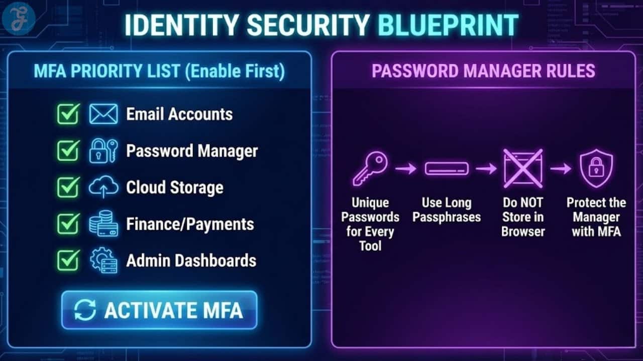 Digital identity security guide showing the MFA priority list and essential password manager rules for remote workers.