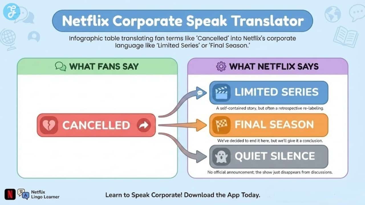 Infographic table translating fan terms like "Cancelled" into Netflix's corporate language like "Limited Series" or "Final Season.