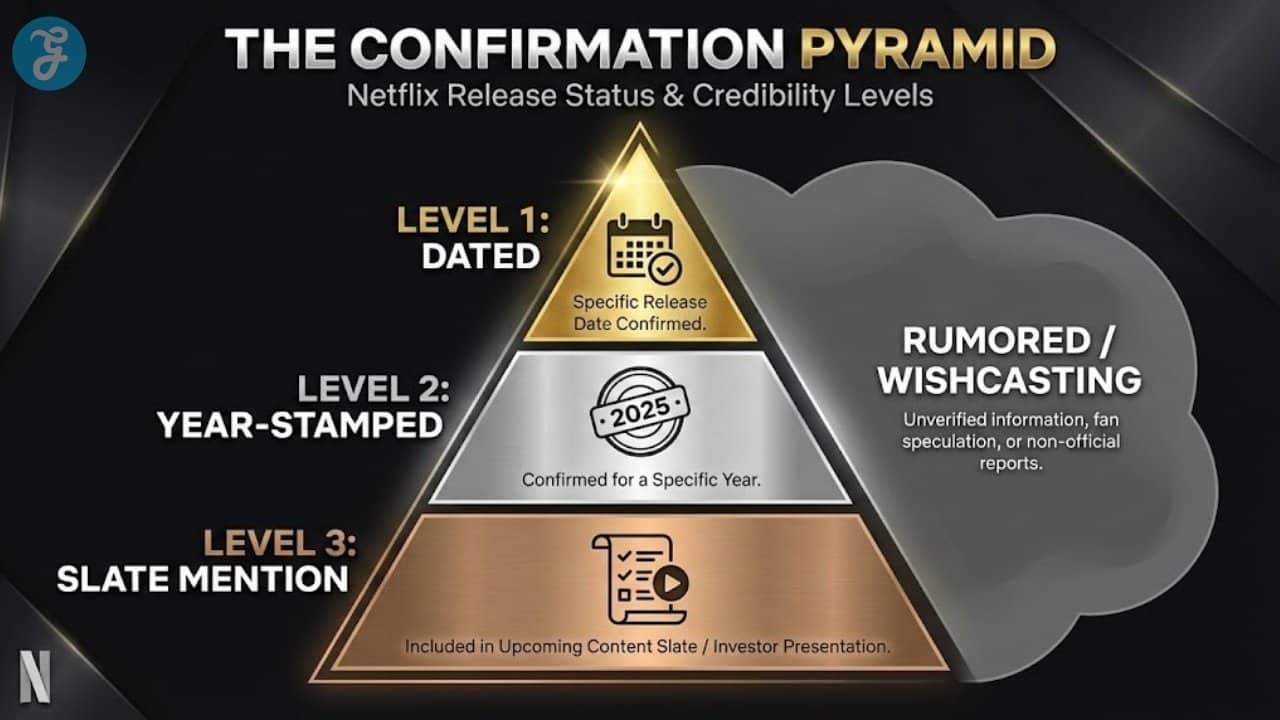 Pyramid infographic defining the three levels of Netflix release confirmation: Dated, Year-Stamped, and Slate Mention.