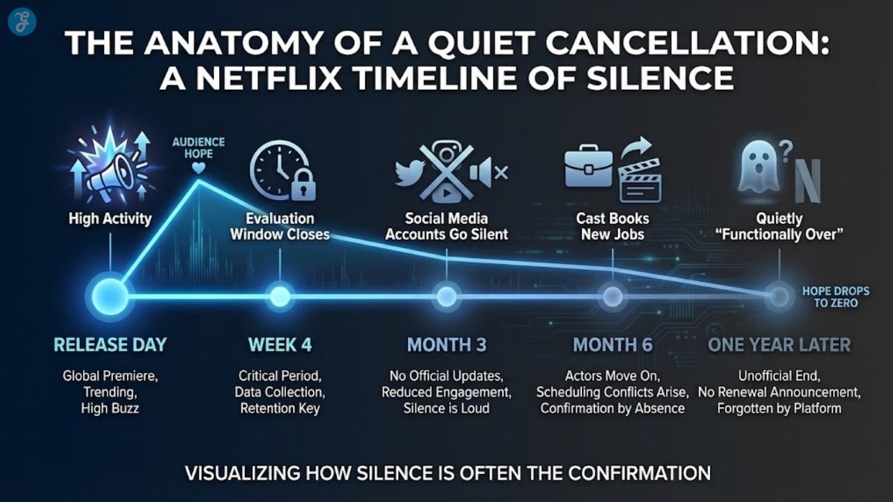 Timeline showing stages of a quiet Netflix show cancellation.