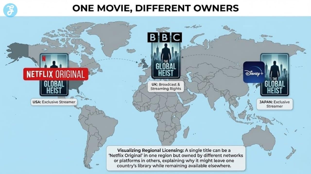 World map infographic showing how a single movie can be a Netflix Original in one country but owned by a different network in others.