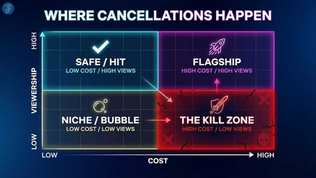 A 2x2 matrix chart showing that high-cost shows with low viewership fall into the "Kill Zone" for cancellation.