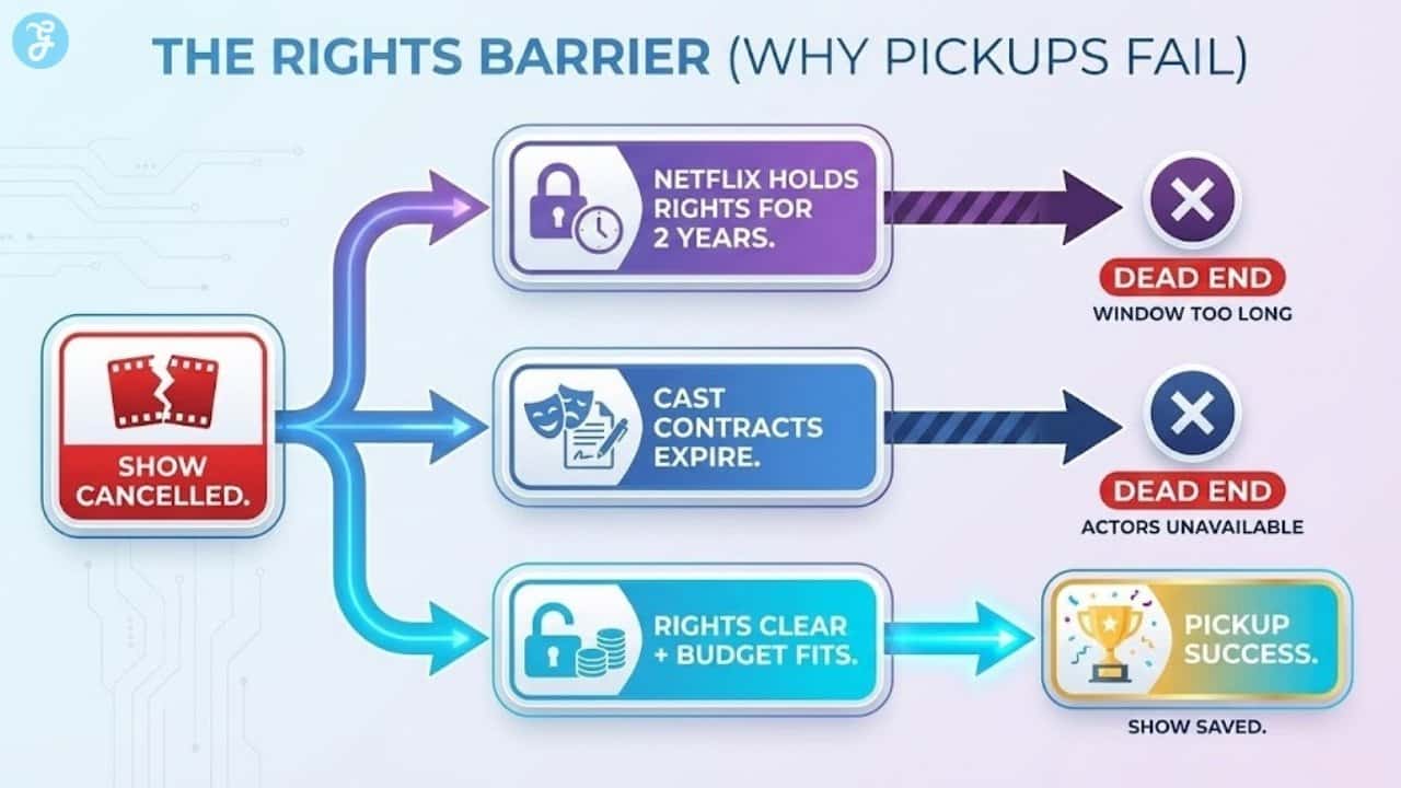 Flowchart illustrating the legal rights barriers, such as exclusive streaming windows and expired contracts, that prevent cancelled shows from being picked up.