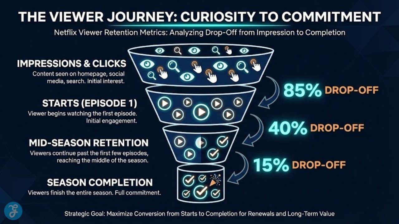 Funnel chart showing the drop-off from show impressions to season completion, explaining Netflix viewer retention metrics.