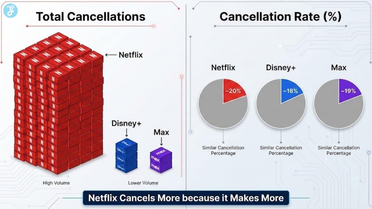 Infographic comparing the high volume of Netflix cancellations against its cancellation rate, showing that while Netflix cancels more shows, its percentage rate is similar to competitors like Disney+ and Max.