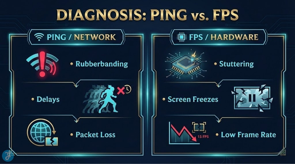 A comparison infographic chart titled 'Diagnosis: Ping vs. FPS' displaying the symptoms of Network Lag versus Performance Lag using icons.