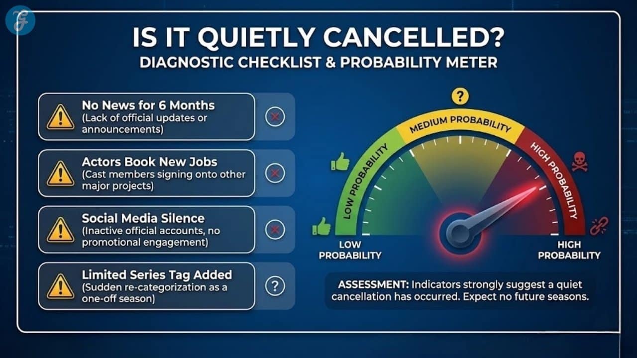Checklist infographic detailing the signs of a "quiet cancellation," such as cast members moving on and a lack of social media updates