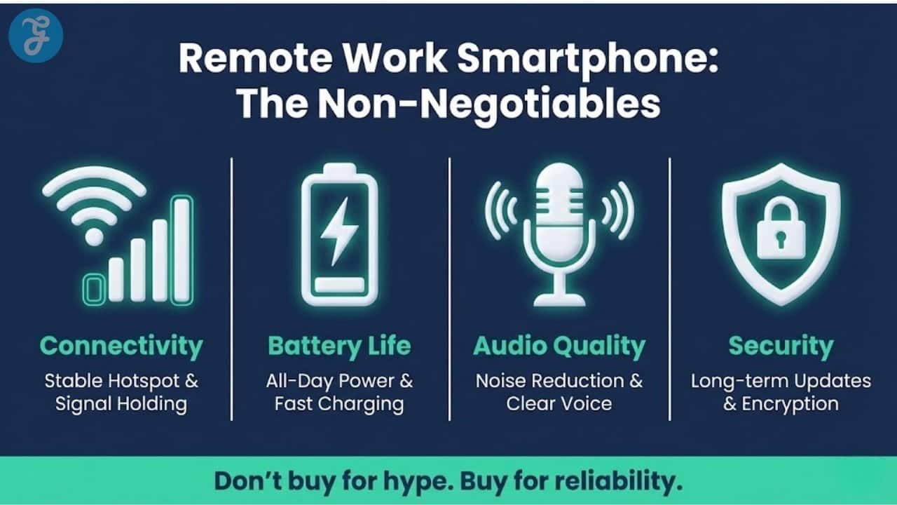 Infographic listing essential remote work smartphone specs: connectivity, battery, audio, and security.