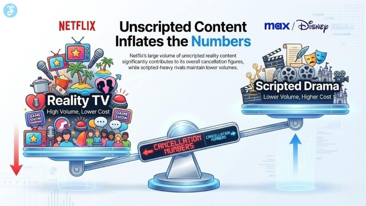 Balance scale infographic showing how Netflix's large volume of unscripted reality content inflates its total cancellation numbers compared to scripted-heavy rivals.
